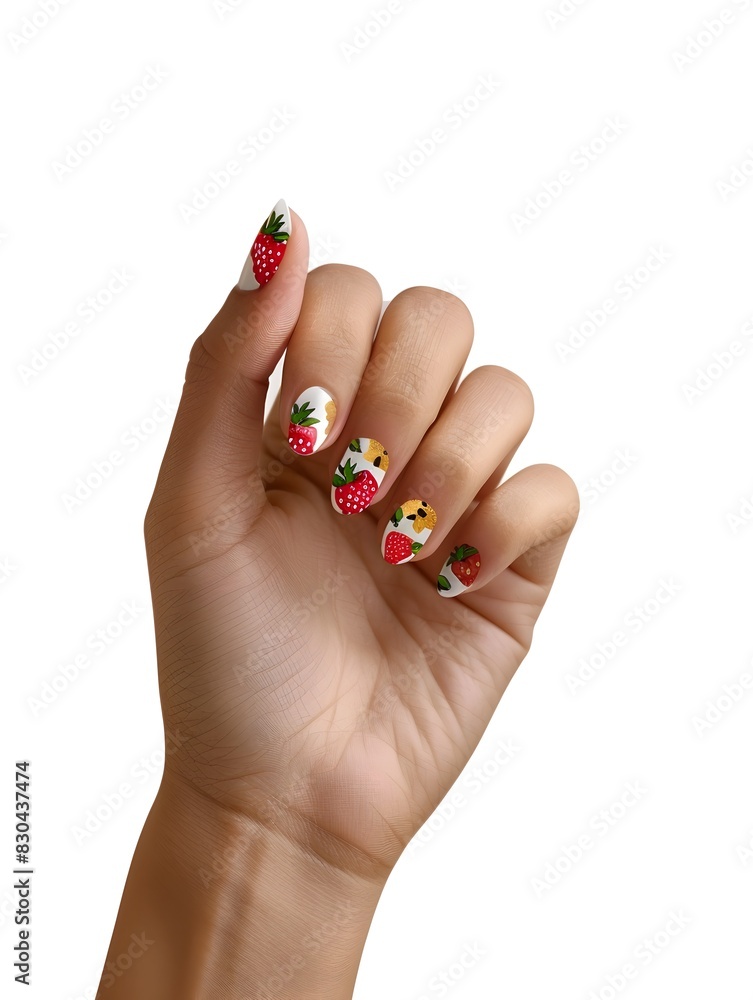 Vibrant Fruit-Inspired Nail Art Showcasing Playful Strawberry and Pineapple Designs on Manicured Feminine Hands Vibrant Fruit-Inspired Nail Art Showcasing Playful Strawberry and Pineapple Designs on Manicured Feminine Hands