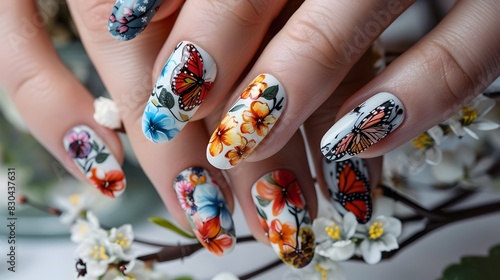 Vibrant Spring-Themed Nail Art with Butterflies and Blossoms on Isolated White Background