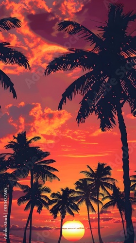 Vibrant Tropical Sunset with Silhouetted Palm Trees Against Dramatic Sky Landscape
