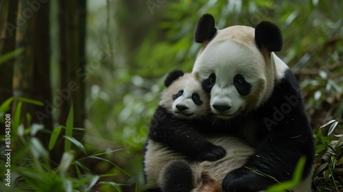 Panda Mother's Devoted Cradle in Lush Bamboo Forest © vanilnilnilla