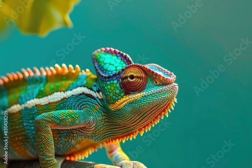 Vibrant chameleon perched on branch surrounded by lush green leaves in exotic tropical setting