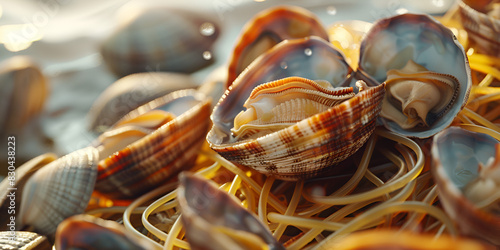 Delicious and fragrant pasta ally veniole with live clams. Real Spaghetti Allen Dongola In Naples Italy Dish Seafood Detail Photo Background,.  

 photo