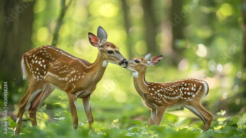 Mother's Love in the Serene Forest: Deer Doe Licking Fawn Clean © vanilnilnilla
