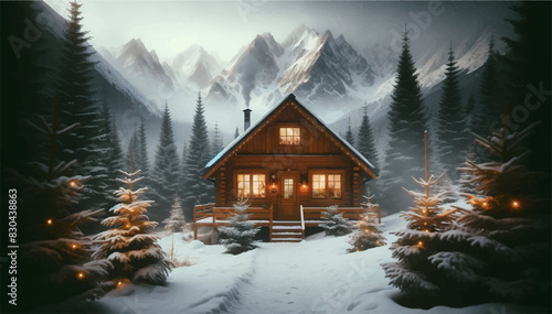 snowy cabin in the woods holiday Christmas decor ornament background wallpaper painting cover photo
