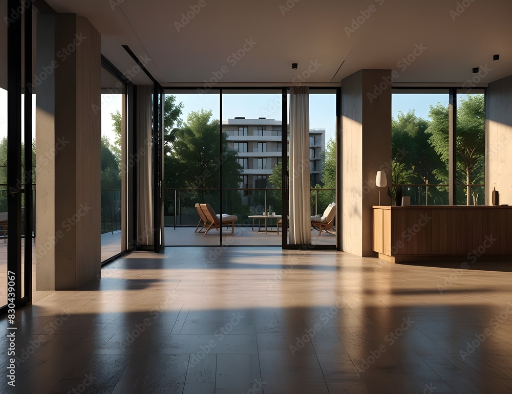 Obraz premium Modern realistic interior of empty room in a hotel with glass doors to a balcony and railings on the terrace.