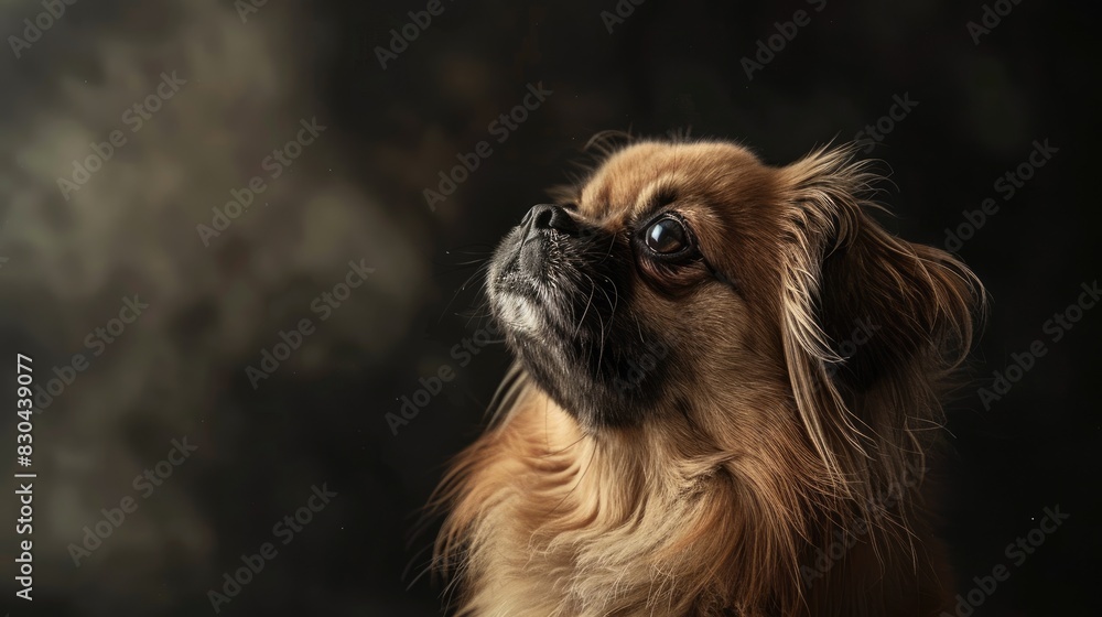 Naklejka premium Portrait of a Pekingese dog against a dark backdrop