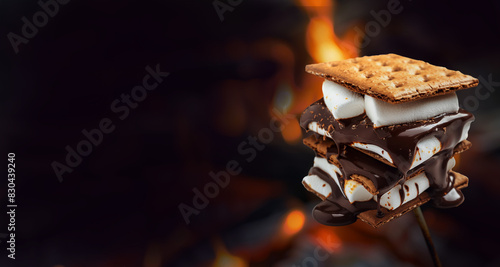 macro photo close up of a roasted marshmallow on a thin stick over a campfire at night. --ar 3:4 Job ID: 7c16315d-2599-47bd-a4eb-ed3cd061c198