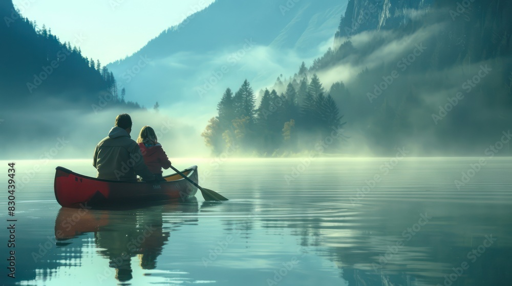 Father and daughter paddle together in a canoe, exploring tranquil waters and admiring the beauty of nature.