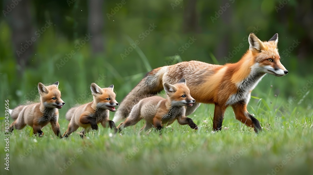 Fox Mother and Kits Engage in Playful Chases Across a Vibrant Meadow