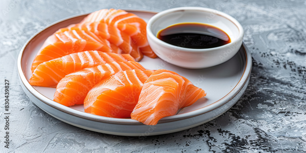 salmon sashimi with soy sauce on a plate, generative AI salmon sashimi with soy sauce on a plate, generative AI