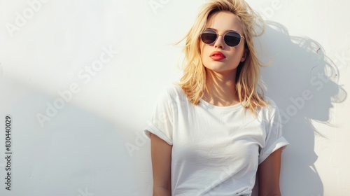 Attractive young blonde woman shows confidence in a blank t-shirt and stylish sunglasses on a pristine white background.