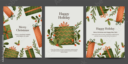 Holiday greetings card with Christmas floral, gift box and winter plant  ornament. modern style.