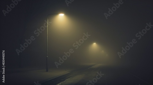 A shadow of a streetlight on a foggy night  stretching across a deserted street.