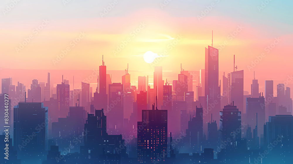 A bustling urban skyline at dawn