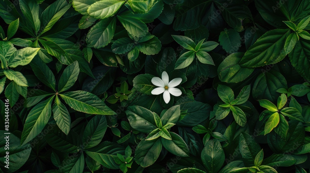 Green plants and leaves surrounding a white bloom Green plants and leaves surrounding a white bloom