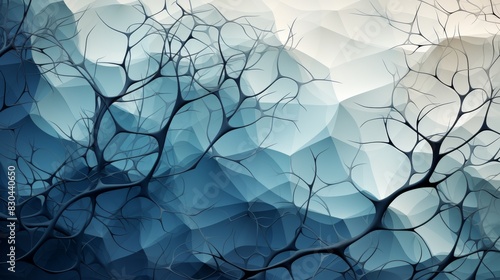 Abstract nature-inspired digital art with tree branch silhouettes and geometric shapes in blue and white tones.