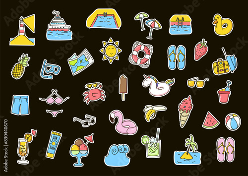 Summer doodle stickers. Vector graphic elements. Holidays, beach, nature and outdoor activities filled outline icons. Scrapbook vacation illustrations