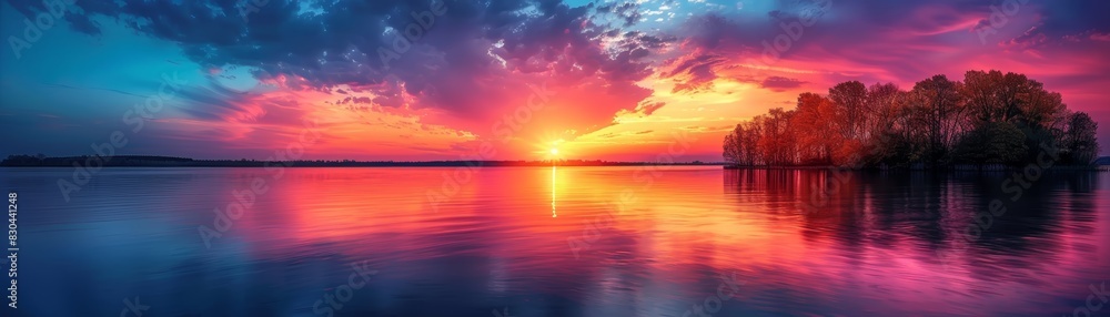 Stunning sunset over a calm lake with vibrant colors reflected in the water, trees silhouetted along the horizon, and dramatic clouds in the sky. Stunning sunset over a calm lake with vibrant colors reflected in the water, trees silhouetted along the horizon, and dramatic clouds in the sky.