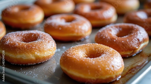 Preparing doughnuts for frying on a baking sheet