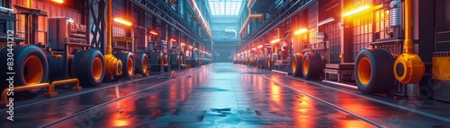 Empty industrial warehouse with vibrant neon lighting, featuring large tires and a metallic floor reflecting the colorful ambiance. photo