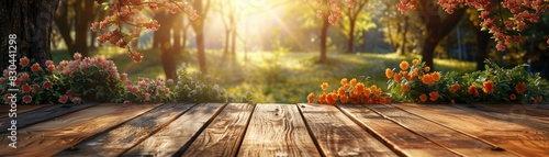 Sunlit forest clearing with a wooden deck and vibrant autumn foliage, ideal for nature-themed designs and backgrounds. photo