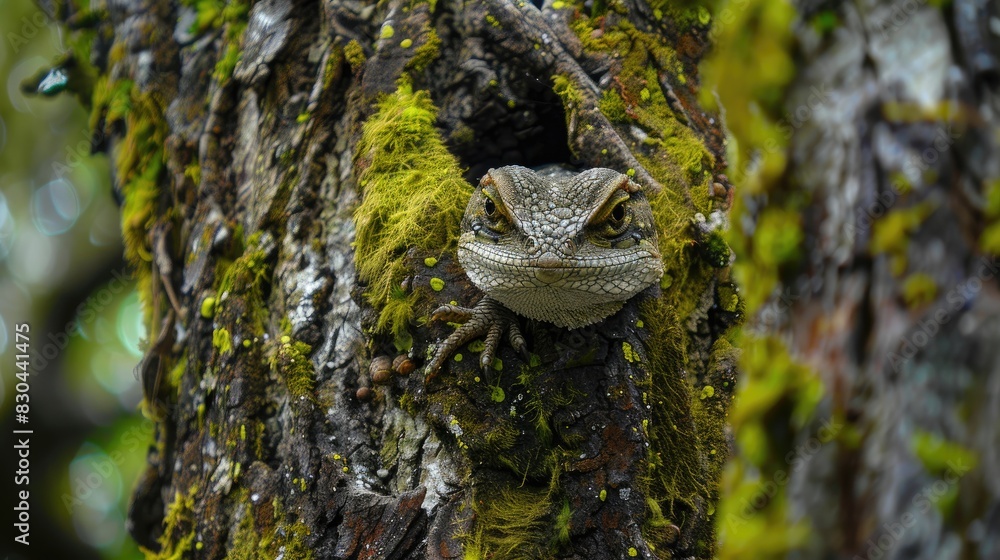 Fototapeta premium Camouflaged Lizard in Moss Covered Tree