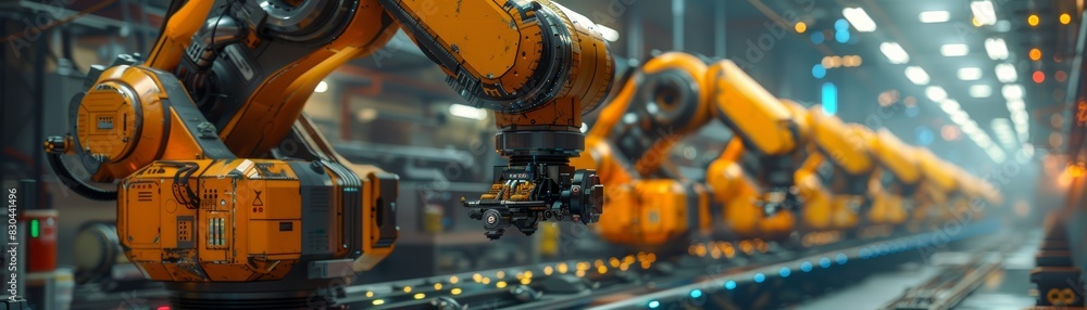 Industrial robotic arms operating on an automated production line in a modern factory, showcasing advanced manufacturing technology. Industrial robotic arms operating on an automated production line in a modern factory, showcasing advanced manufacturing technology.