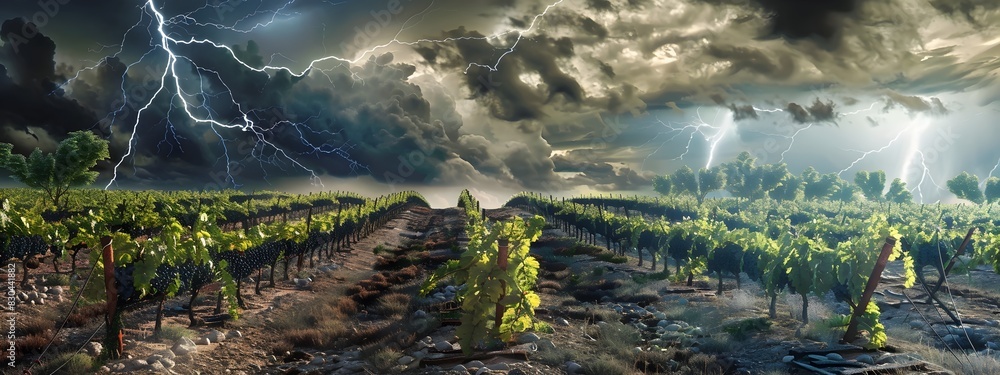 Naklejka premium Dramatic Thunderstorm Looming Over Serene Vineyard Landscape