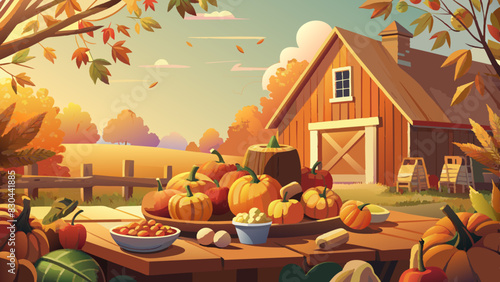 Autumn Harvest Scene with Pumpkins and Rustic Barn