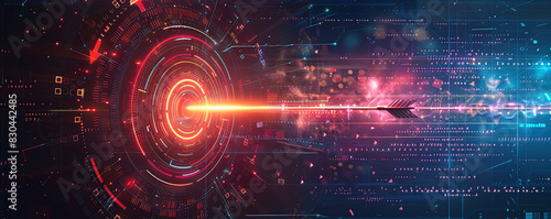 The red laser beam hits the target in the center of the blue digital space.