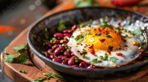 Studio Photo of Fried Egg with Red Beans