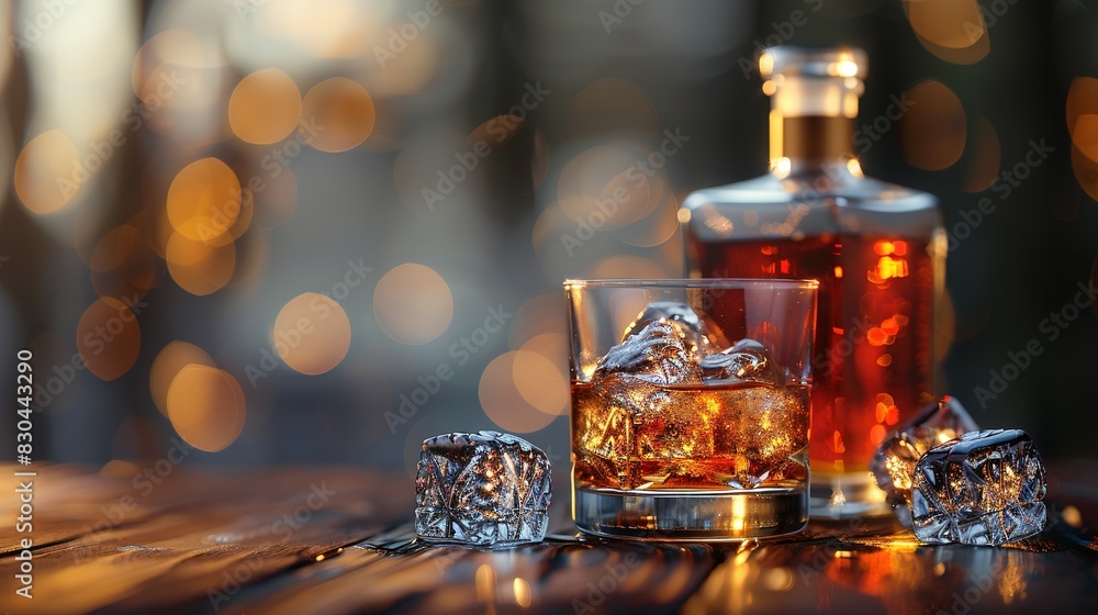 Whiskey Bottle and Glass on Table with Ice Cubes: Space for Text Whiskey Bottle and Glass on Table with Ice Cubes: Space for Text