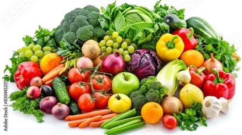 Fruits and vegetables isolated on a white background. Healthy food. Flat lay top view.