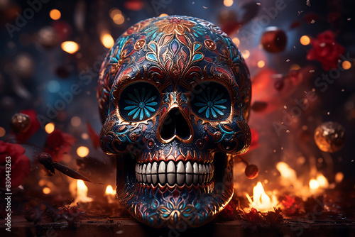 Mexican skull on fireworks Background