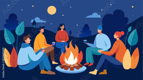 Everyone gathered around the fire pit roasting marshmallows and sipping on warm cider while the adults exchanged stories and memories of holidays past.. Vector illustration