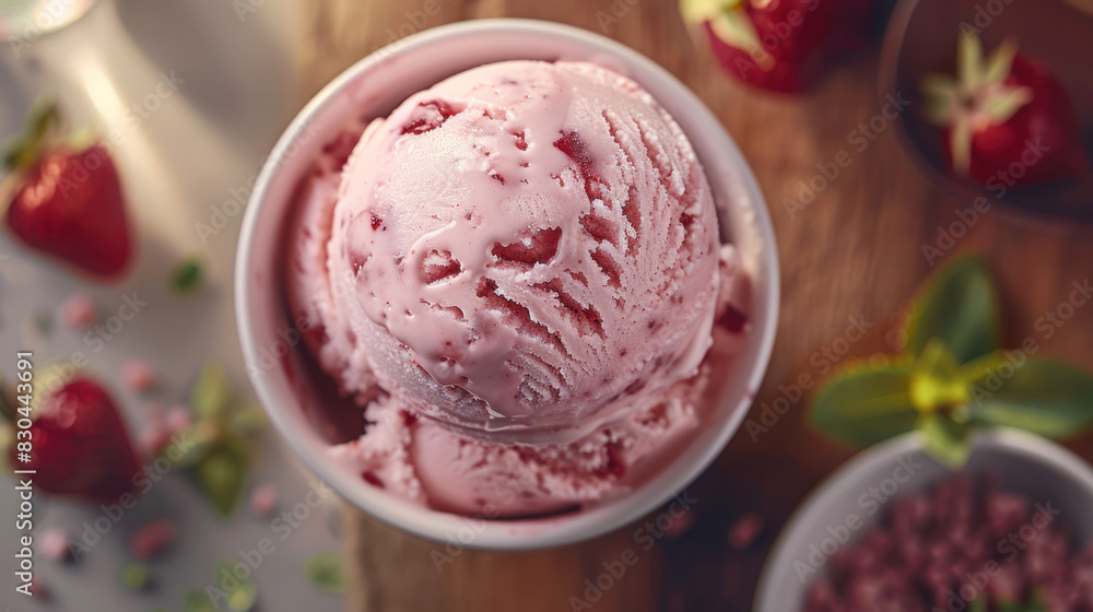 A delicious scoop of strawberry ice cream with swirls of raspberry sauce sits in a bowl A delicious scoop of strawberry ice cream with swirls of raspberry sauce sits in a bowl