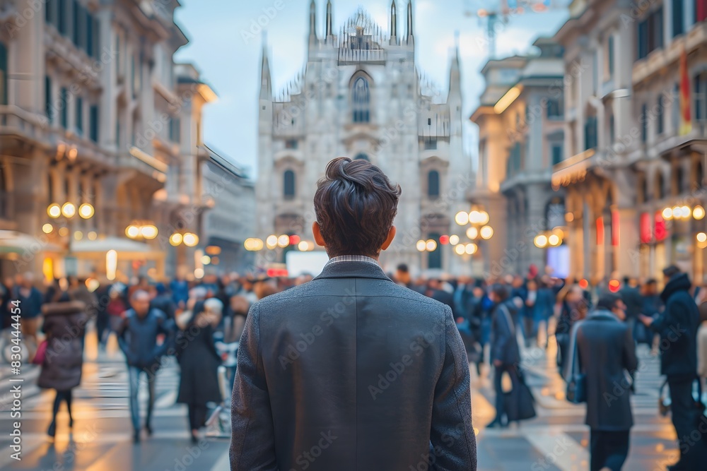 Businessman in Milan's Lively Piazza, Surrounded by Iconic Architecture and a Bustling Crowd Businessman in Milan's Lively Piazza, Surrounded by Iconic Architecture and a Bustling Crowd