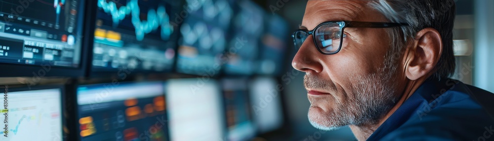 Focused professional analyzing stock market data on multiple screens with charts and graphs in a modern financial office setting. Focused professional analyzing stock market data on multiple screens with charts and graphs in a modern financial office setting.