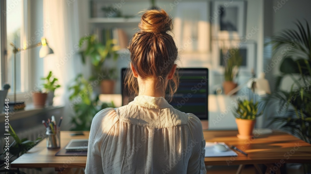 Woman working from home office, focused on computer, surrounded by plants, embracing a productive and serene environment. Woman working from home office, focused on computer, surrounded by plants, embracing a productive and serene environment.
