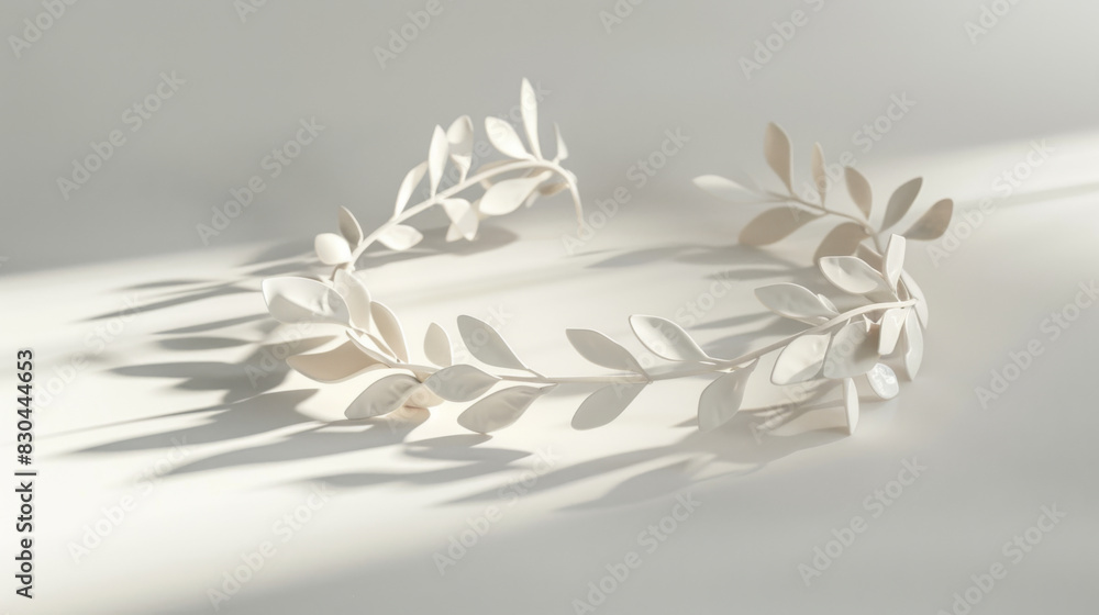 Silver laurel wreath resting on a light gray background casting soft shadows, symbolizing victory and achievement. Silver laurel wreath resting on a light gray background casting soft shadows, symbolizing victory and achievement.