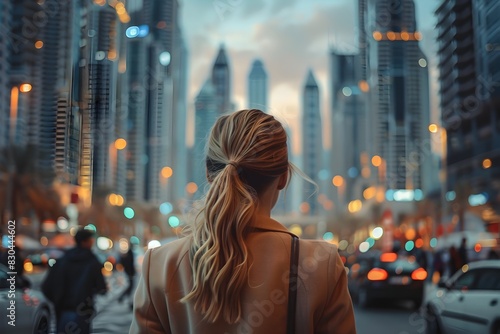 Businesswoman Standing in Dubai's Bustling Metropolitan Center