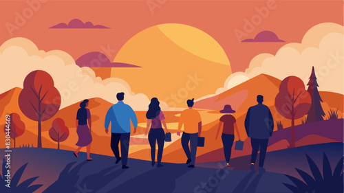 The sun setting in the background as a group of mindful walkers take in the beauty of nature and the company of others.. Vector illustration