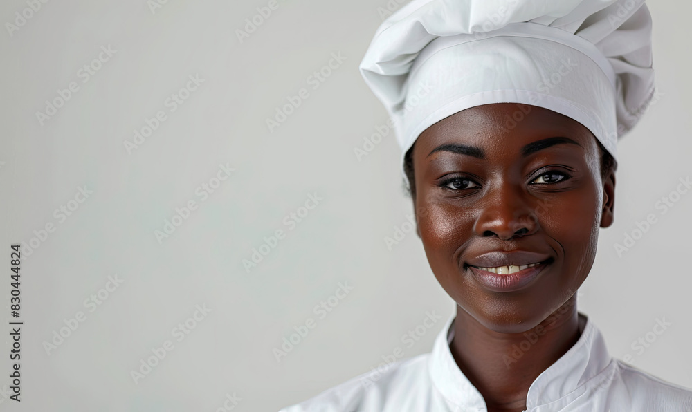 Portrait of a confident african american female chef in her professional chef's uniform. Including a chef's hat and chef's coat Portrait of a confident african american female chef in her professional chef's uniform. Including a chef's hat and chef's coat