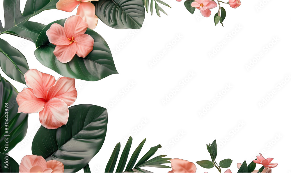 Obraz premium Tasteful arrangement of hibiscus flowers and monstera leaves on on transparent background, leaves with copy space for design flexibility, perfect for spring or summer themes 
