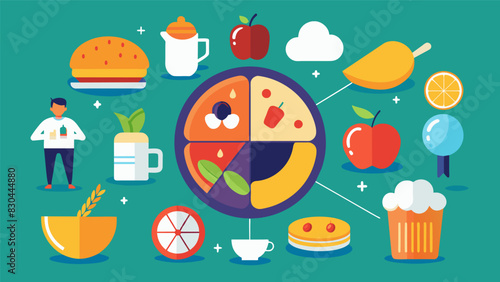 Large infographics highlighting the benefits of a balanced diet and the dangers of excessive sugar and fat consumption.. Vector illustration