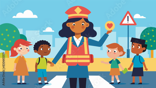 As the school bell rings the crossing guard dons her hat and prepares for the afternoon rush making sure each child safely reaches the other side of the road.. Vector illustration