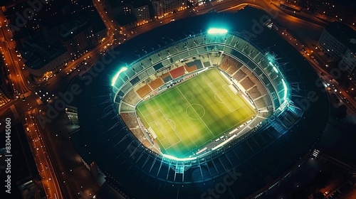 Aerial view on soccer stadium in evening time.
