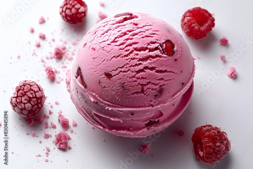 Close-up of a delicious raspberry ice cream scoop surrounded by fresh raspberries on a white background.