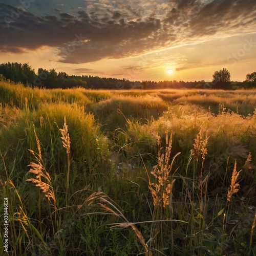 Gorgeous  unspoiled  expansive rural scenery. Wild high grass in bloom during a warm summer s sunset in the outdoors. pastoral landscape. concentrating only on the foreground.