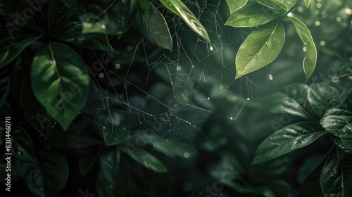 Spider webs can be found among the natural green leaves with light
